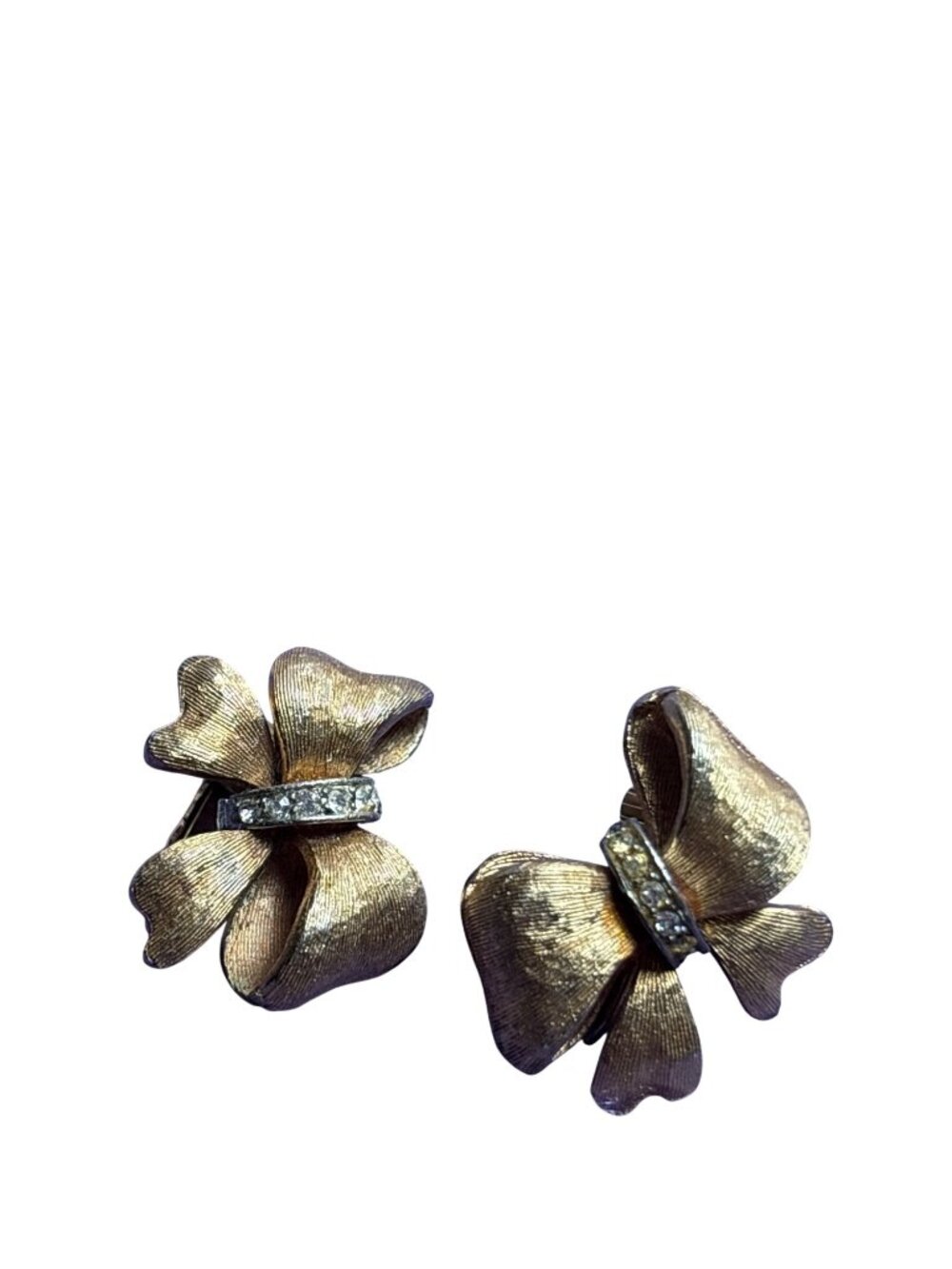 Vintage 50s Brushed Goldtone Bow Clip On Earrings Clear Rhinestones